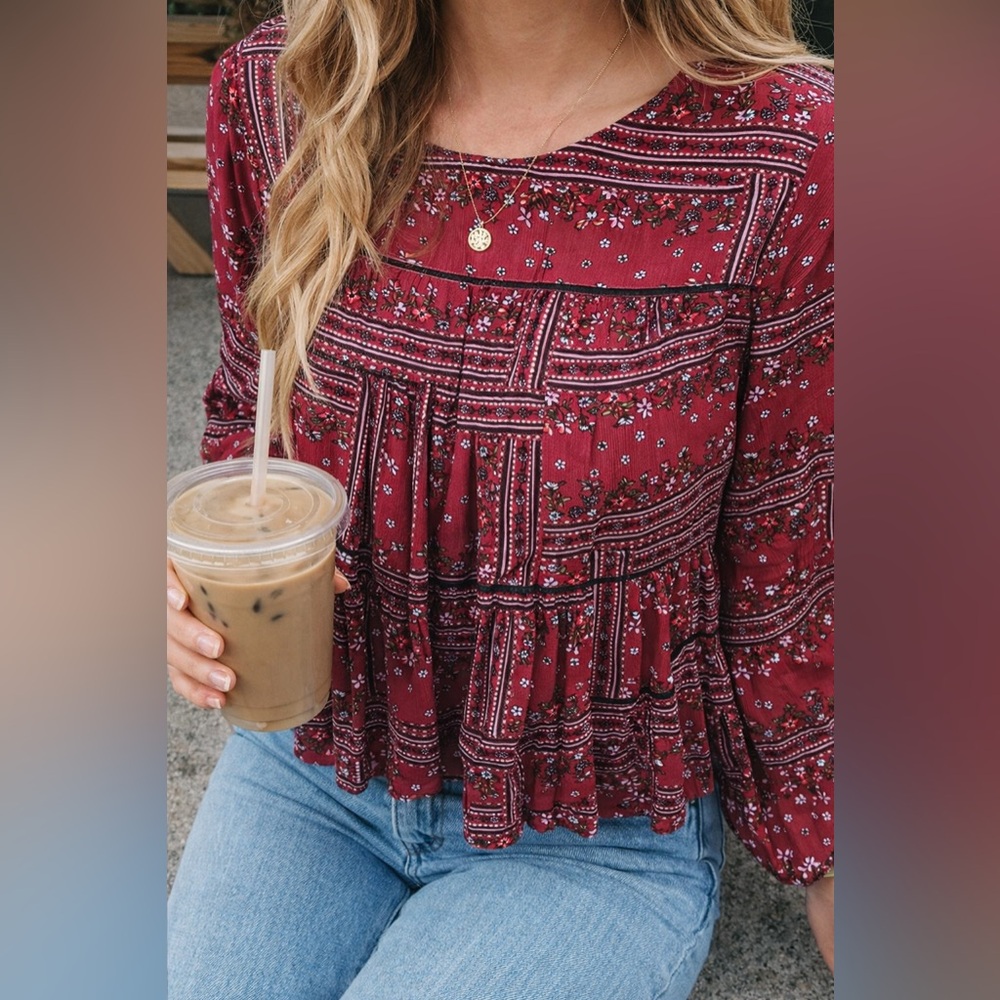 Altar’d State Red Boho Floral Peplum Top XS